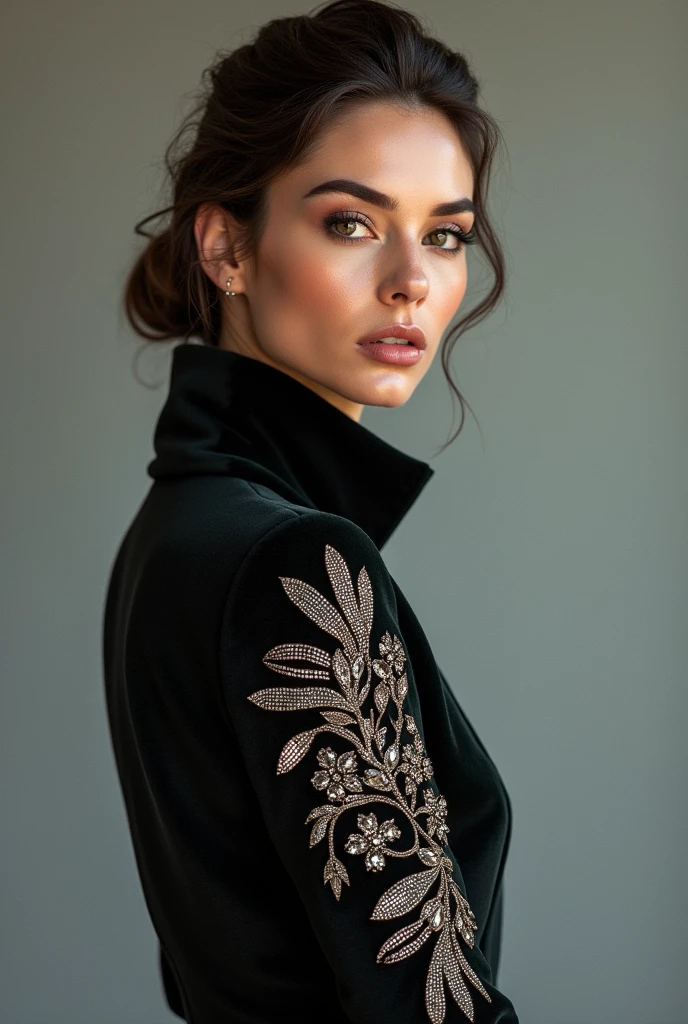 European woman model wearing coat with rhinestones on the ends as sleeve glue