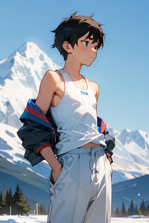 Snowy mountains in the background、An elementary school boy standing wearing a tight white Y-back tank top