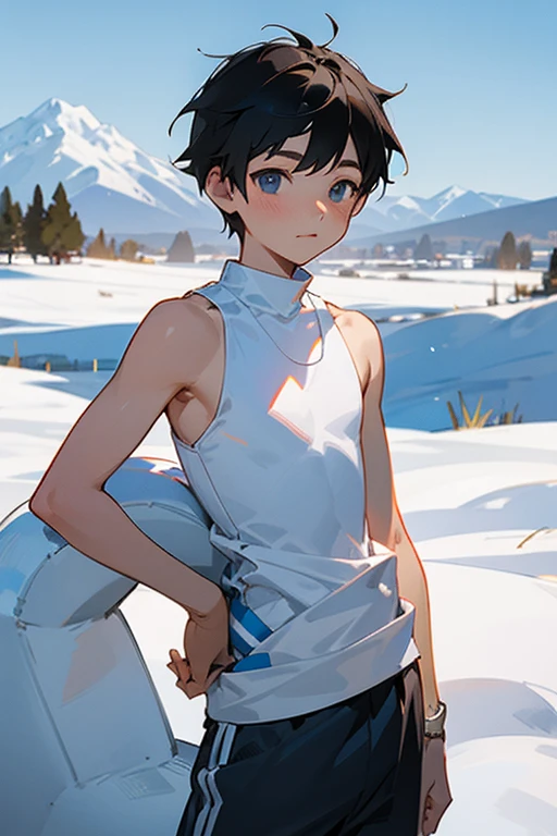 Snowy mountains in the background、An elementary school boy standing wearing a tight white racerback tank top、The sleeve opening of the tank top is wide、tall、Handsome、The navel is slightly visible、There's snow on my shoulders