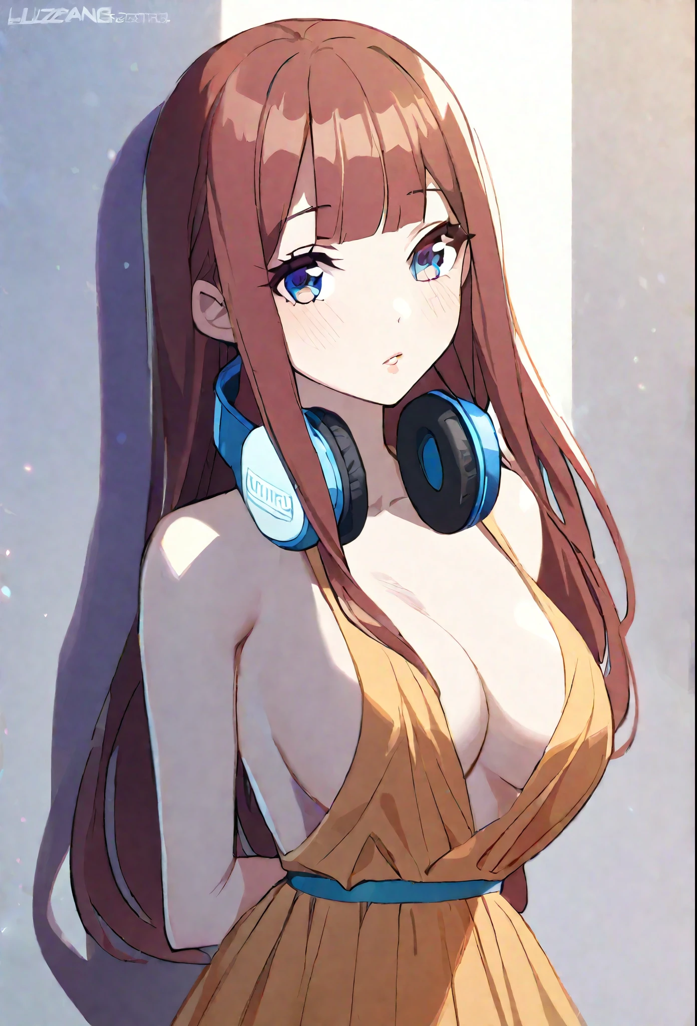 1girl, elegant beautiful girl, big brown hair)), maxi dress, adultery, indecent, vulgar, Nakano Miku, intricate details, delicate facial features, beautiful blue eyes, ulzzang, long eyelashes, small nose, full lips, porcelain skin, natural lighting, warm color palette, chiaroscuro lighting, dramatic shadows, sensual, alluring, mature themes, ar, dreamlike, ethereal, ((arms behind back)), sideboob, cleavage, looking at vizzang, (blue eyes), (headphones), portrait