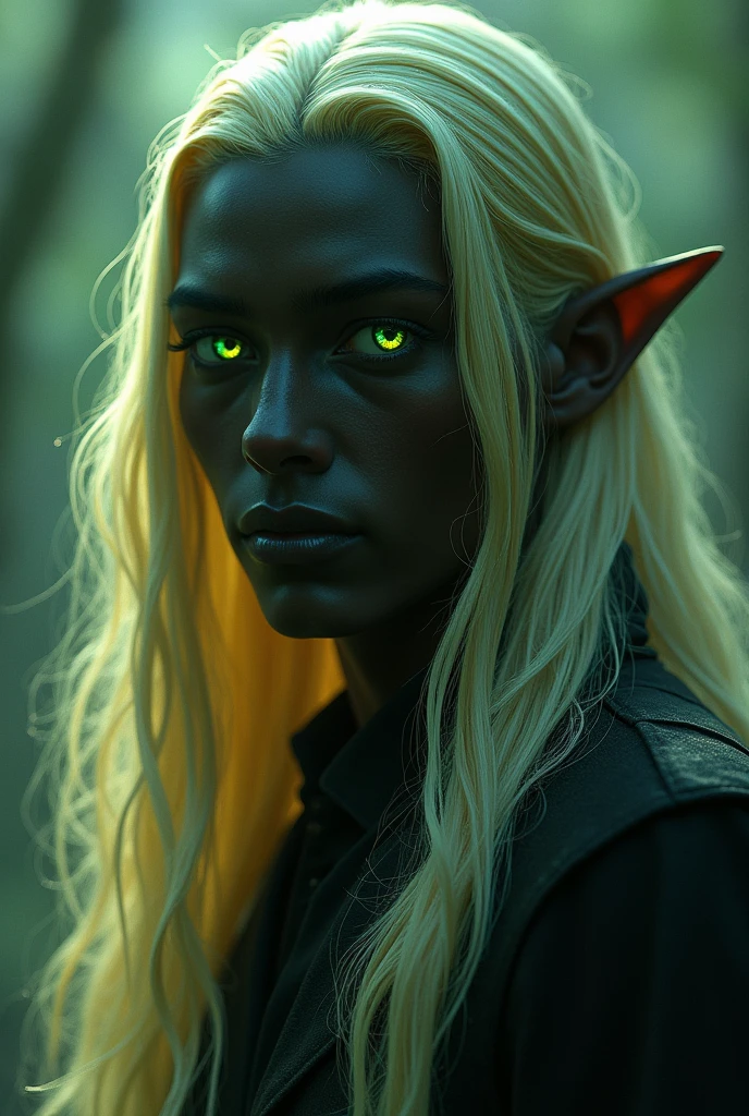 Zorin is an entity with long blond hair that contrasts with his black skin., creating a striking and ethereal look. His eyes are a deep green, reflecting the complexity of twilights. Your presence is surrounded by a gentle aura, like the evening light.
