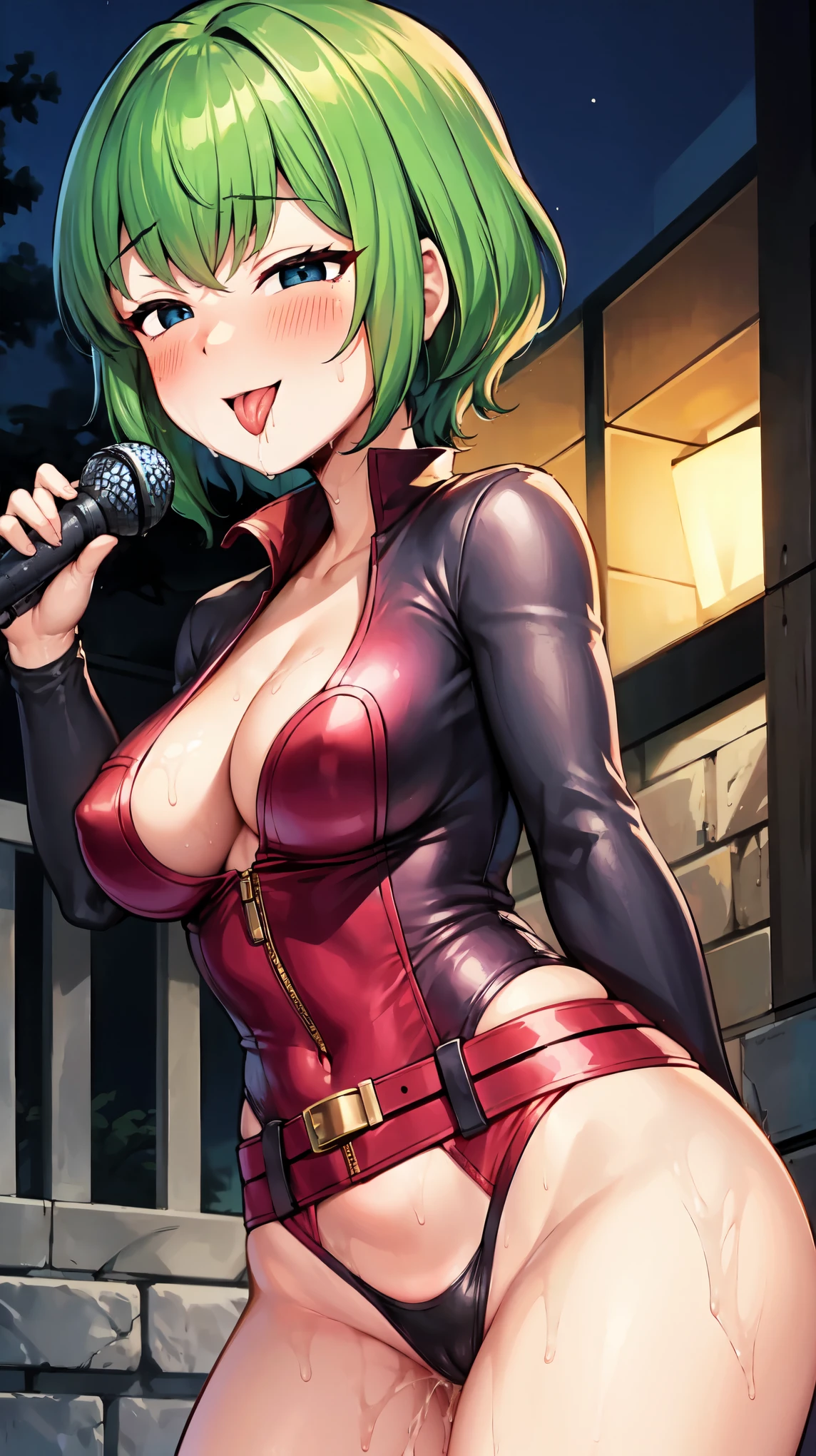 （（super high quality,Ultra-high resolution,16K,super masterpiece,Ultra HD ,Detailed shading,））A dimly lit park at night,Sexy woman,Cleavage,Yellow jumpsuit,White belt at waist,popped Tight collar,smile,blush,Sweaty,holding a microphone in his hand,Licking the microphone,A small amount of drooling,Love juice overflows from the crotch,