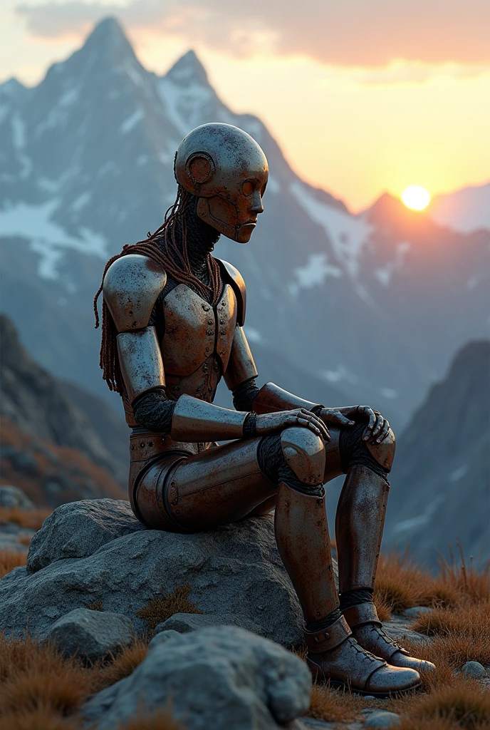 Rusted man sit on mountain view on evening