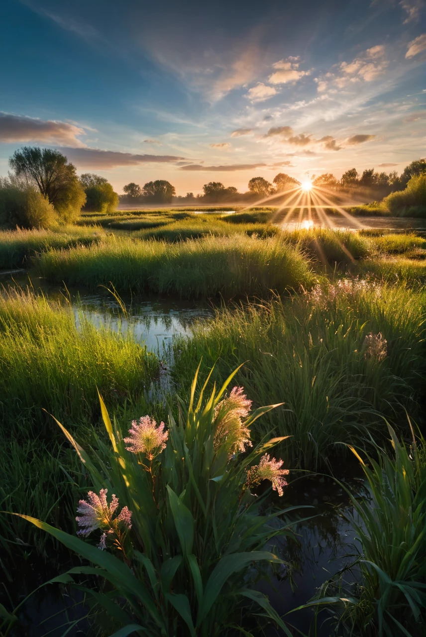 RAW Photos,wetlands, Curl Willow Flowers and Grass, sunrise, sunlight, Remove the dew,cloud,Lens flare, Low Wide Angle, (clarity of detail:1.1), Canon EOS 5D Mark IV, masterpiece, 35mm Photography, (Iconic Photo:1.4), (Visual Storytelling:1.2), Film Grain, Award-winning photography,A vivid use of light and shadow, Vibrant colors,High quality material texture, Perfect composition of voluminous textures, Dynamic play of light, Rich colors, Epic shots, Perfect quality, Natural texture,Attention to detail, High Sharpness, hight clarity, detailed ,Photo Shadow, 複雑なdetailed, 8k