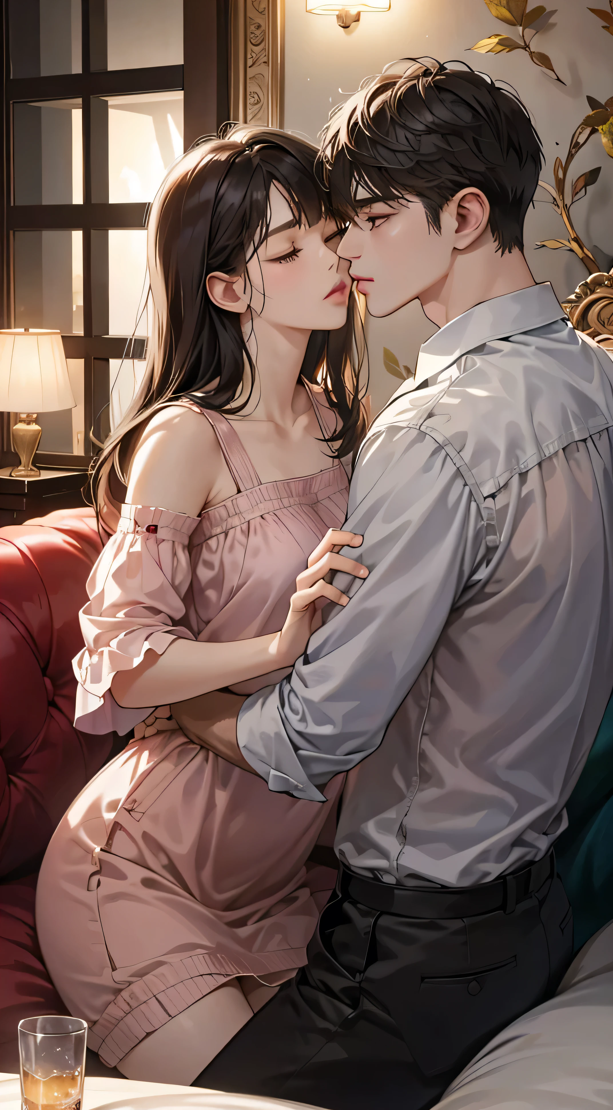 Young men and women in their 20s、1 male, 1 woman、(best quality, masterpiece, 8k, Reality, Movie Lighting, 1:4 hdr images, Extremely detailed, Beautiful images))(Extremely detailed CG unified 8k wallpaper),(masterpiece, High resolution,Very detailed:1.0),(The boy is the overbearing president)(Girls are sexy)Unisex Lightweight Clothing、When kissing、Woman's romance、Bright and atmospheric、Glossy appearance、Saliva overflow、woman(brown semi-long hair)Close your eyes、Sweet Sigh、Men(Black short hair、Wear a shirt)用力Close your eyes、background(A room、sofa)、Dead、Darker,The picture is romantic,Pink glow,Ambiguous atmosphere,Beautiful light and shadow,