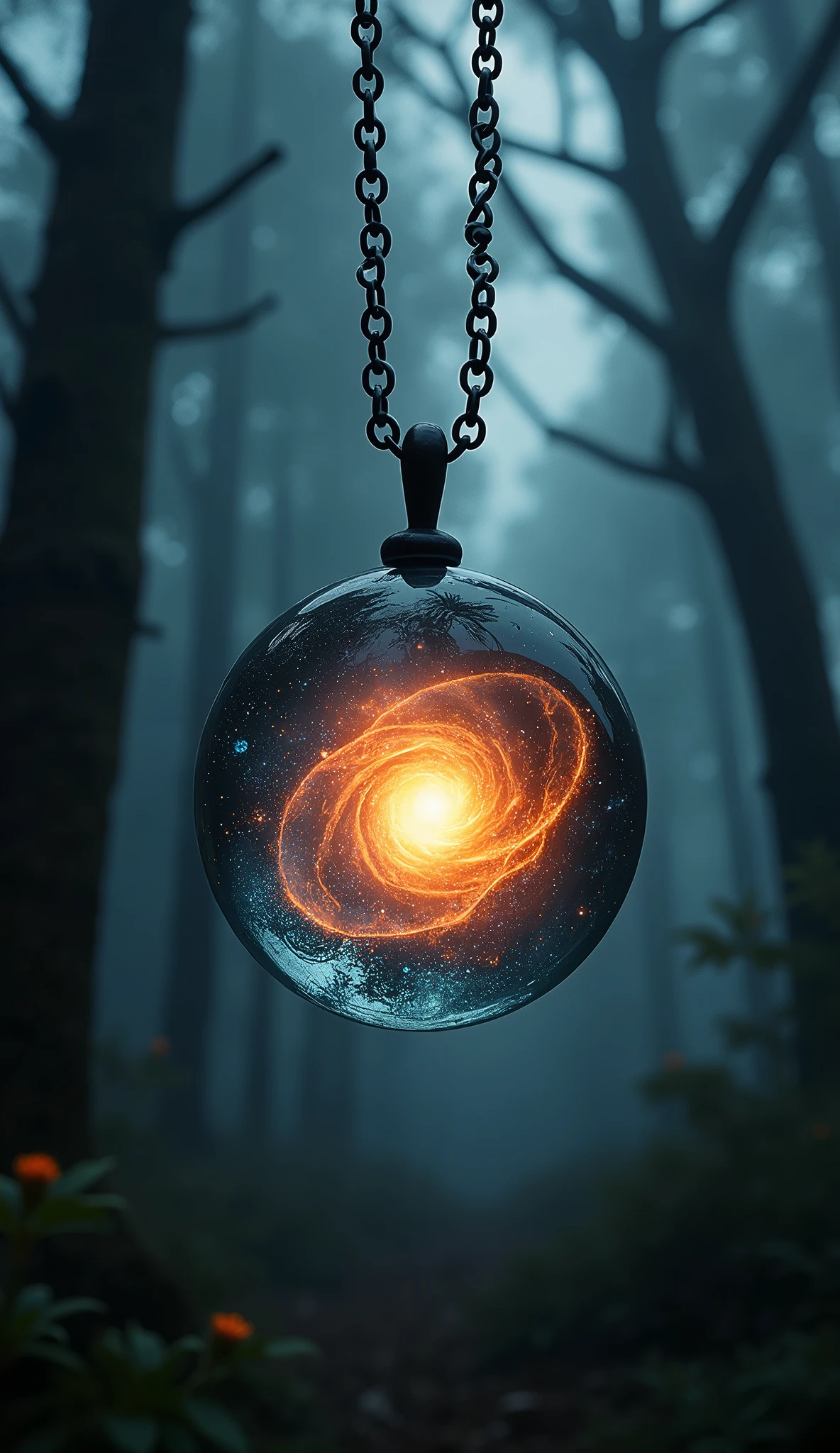 A galaxy with a supernova in a glass pendant that hangs on a chain. Dark scene, in the background a dark forest