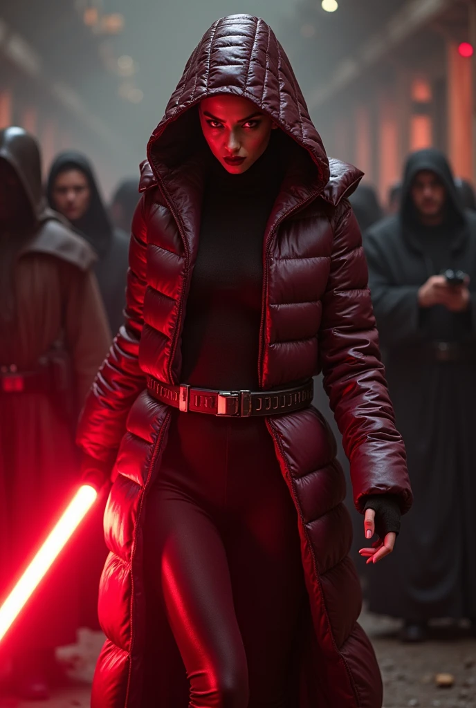 a slim ponytail angry sith wielding her bright lightsaber, she is walking in room full of jedi,beautiful detailed bright red-colored eyes,beautiful freckles,beautiful detailed lips,extremely detailed eyes and face,longeyelashes, wearing beautiful detailed skintight airtight covering-head hooded armored formfitted duvetica overfilled overinflated shiny hyper gleamy thick hyper glossy puffervest covering her padded high-collared pufferjacket, glossy latex leggings,symmetrical,masterpiece,cinematic,lifelike,hyperrealistic,8k,photorealistic,highly detailed,intricate,exquisite,elegant,beautiful,stunning