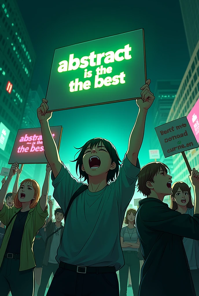 Anime people holding protesting the word ABSTRACT  is the best all in green at night .anime 4k looking amazing 
