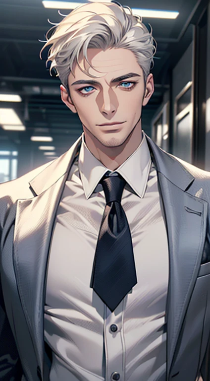 (best quality,4k,8k,highres,masterpiece:1.2),ultra-detailed,(realistic,photorealistic,photo-realistic:1.37),1 man,3,mature man,very handsome,without expression,smile,short white hair,blue eyes,penetrating gaze,perfect face without errors,imposing posture,businessman,office background,cinematic lighting,hdr image