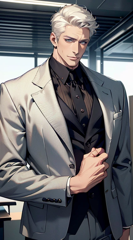 (best quality,4k,8k,highres,masterpiece:1.2),ultra-detailed,(realistic,photorealistic,photo-realistic:1.37),1 man,3,mature man,very handsome,without expression,smile,short white hair,blue eyes,penetrating gaze,perfect face without errors,imposing posture,businessman,office background,cinematic lighting,hdr image