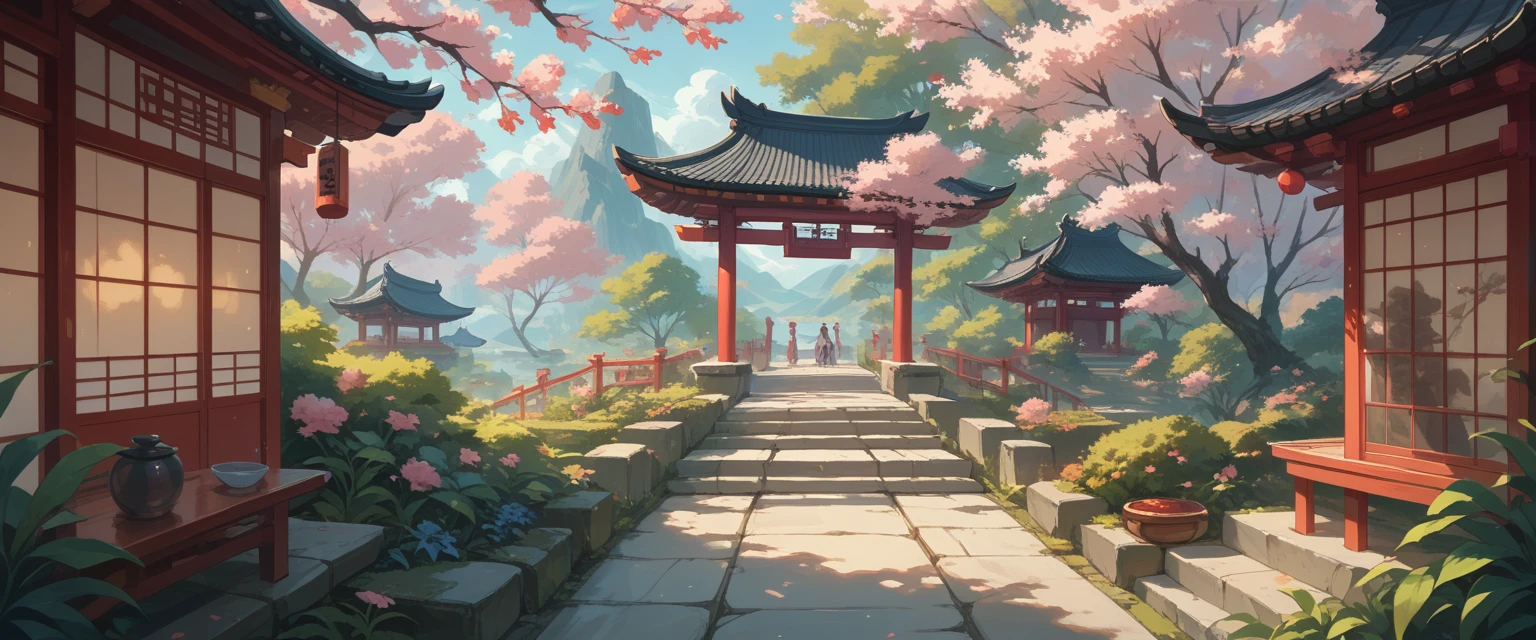 beautiful geisha, in the futuristic japanese garden