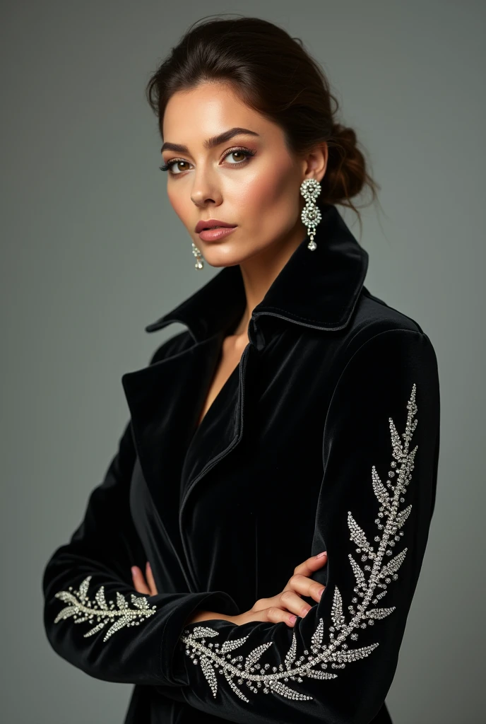 European woman model wearing coat with rhinestones on the ends as sleeve glue