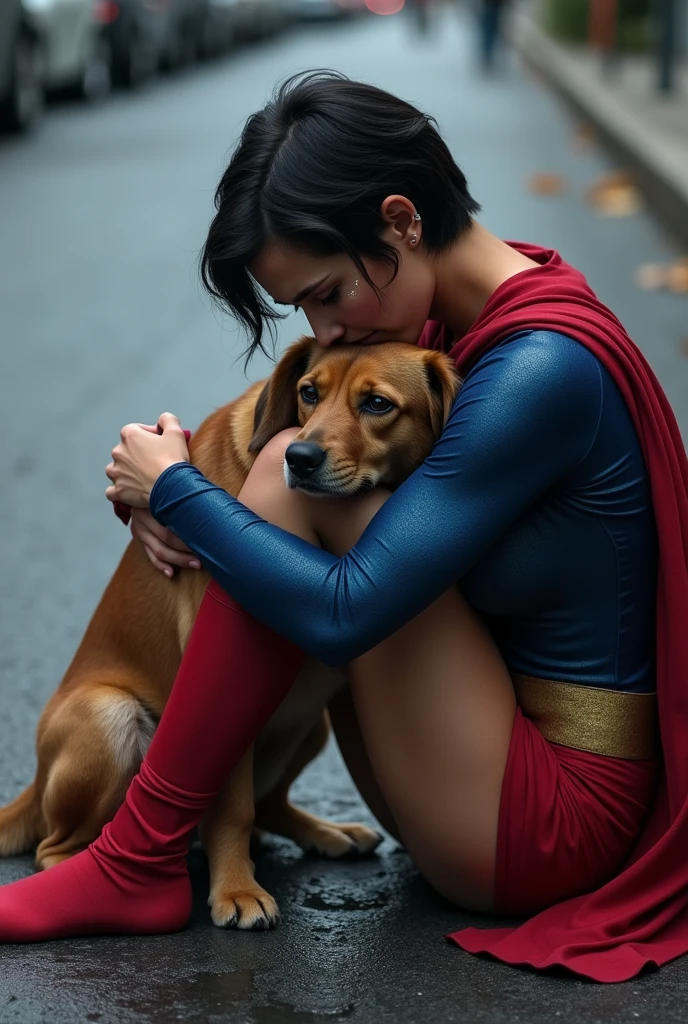 Short haired brunette woman wearing a superman costume, physically strong, sitting on the asphalt street, Hugging a dog, Grieving, side perspective, sobbing.