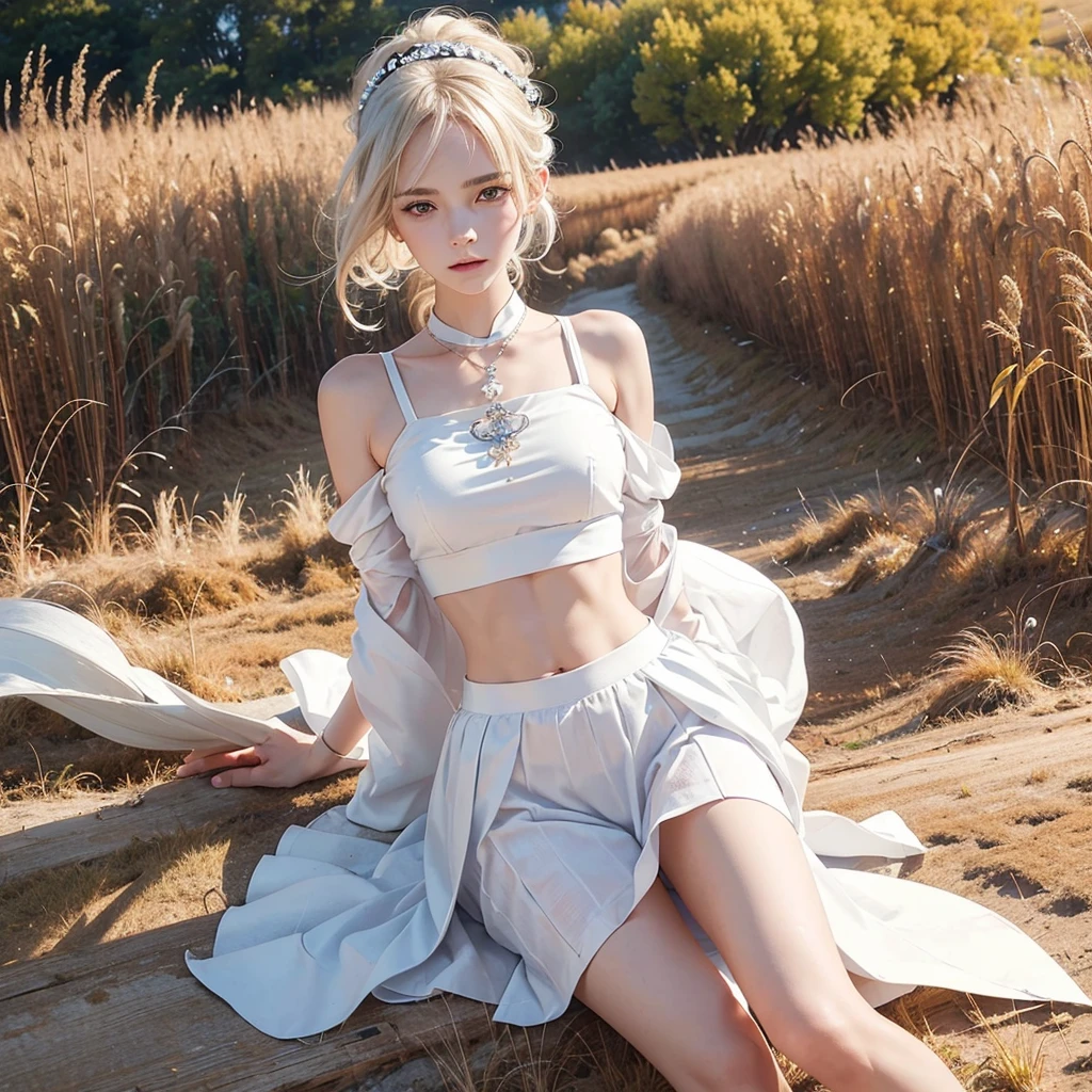 masterpiece, 最high quality, high quality, High resolution, high qualityの質感, high qualityの影, Attention to detail, Beautiful details, In detail, Highly detailed CG, Detailed Texture, a Realistic representation of the face, Realistic, colorful, delicate, Sharp focus, (Intricate details, compensate, Pure Eros Face_v1:0.5), (detailed beautiful delicate face, (detailed beautiful delicate eyes), Perfectly balanced face, Attention to detailed skin, Detailed skin, The optimal ratio is four fingers to one thumb, Skinny and skinny:1.3), One girl, , expensive, (Smooth_Abdominal muscles:1.55), (Abdominal muscles:0.5), cute, masterpiece, High resolution, (length_skinny_feet), (straight_feet), (skinny_Waist), (((Fair skin))), White skin, (((青White skin))), (Emma_Watson), big_chest, (((White))), Light blonde hair, Orange headband, Orange short pleated skirt, ((Loose-fitting clothing, big clothes)), ((Crop top)), standing feet apart, View your viewers, whole body, ((Show the abdomen)), cute金髪ののポートレート, Standing in a wheat field (((avert your eyes))), bloom, Orange fog, motion, Thin Hair, realism, high qualityのレンダリング, Great art, high quality, Film Grain, Fujifilm XT3, dream-like,