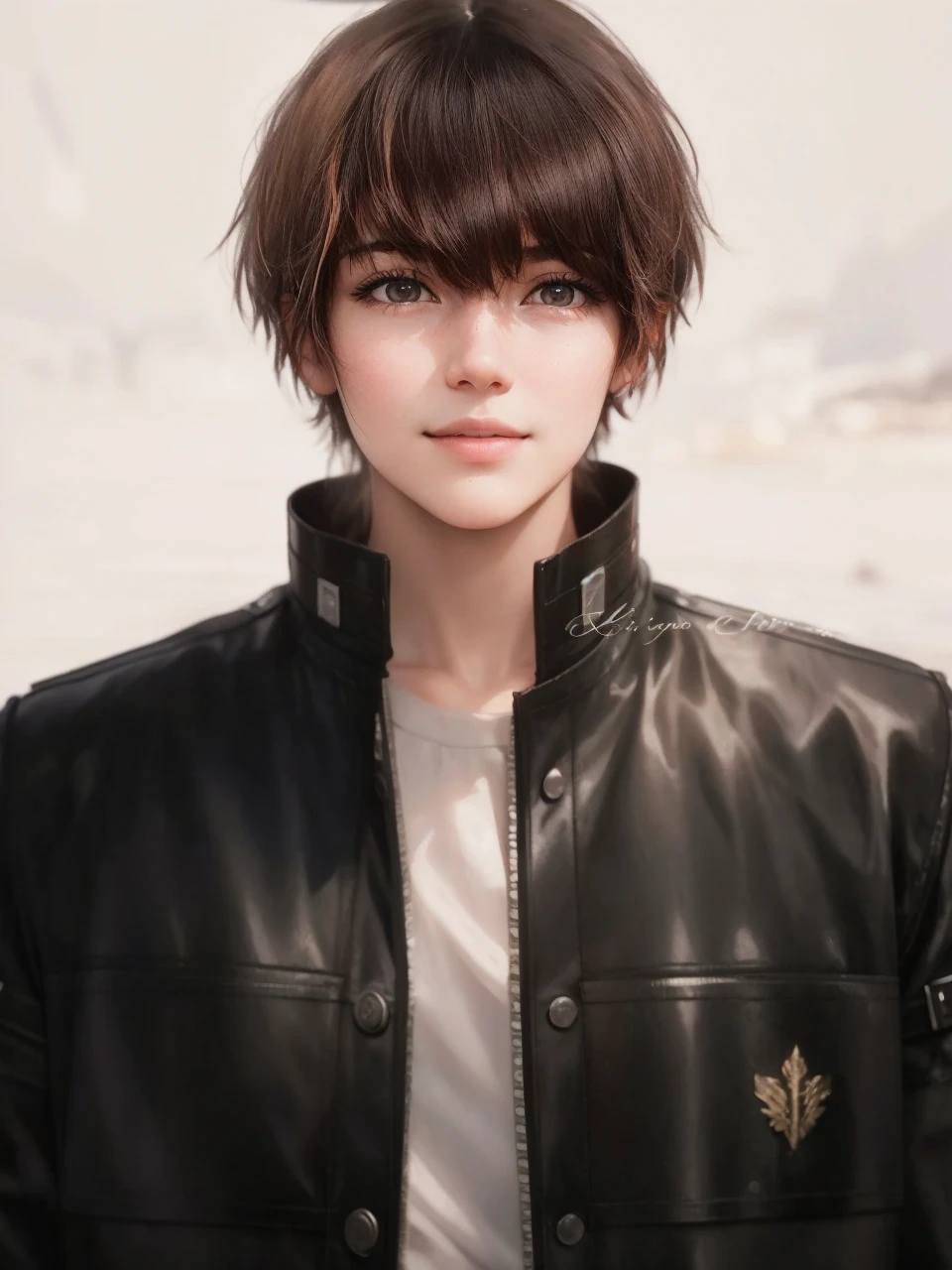 Best Quality, Masterpiece, Ultra High Resolution, (Film Grain: 1.4), Digital Photography, Bangs, Film Lighting, (Fuji Color: 1.2) Portrait,, 1 girl, solo, facing the audience, smiling, (face close-up), clear pores, looking at the audience, ocean background (realistic: 1.2)