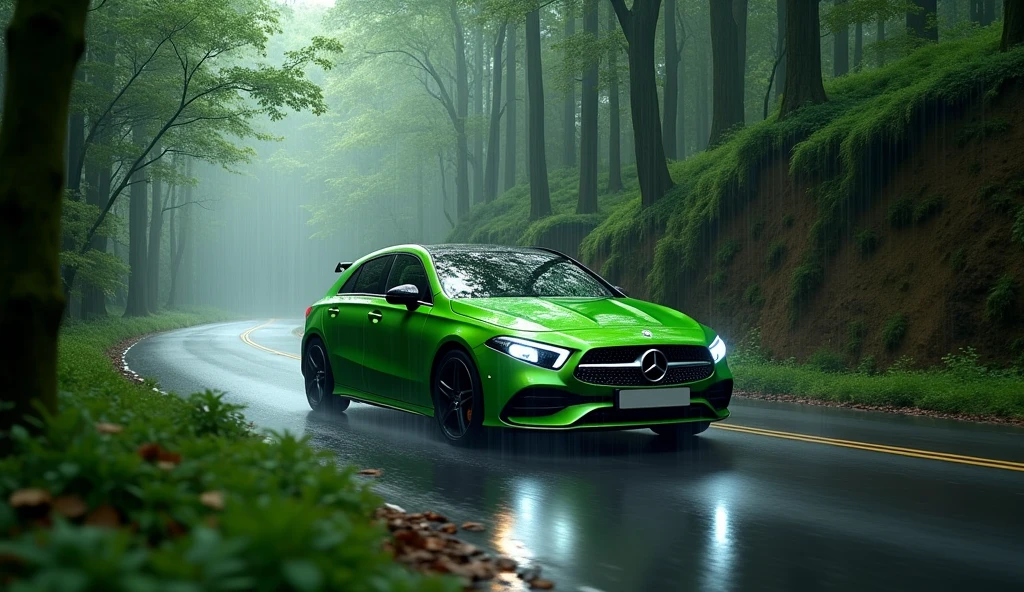 Mercedes benz a 200, green colour on the road of forest with rain