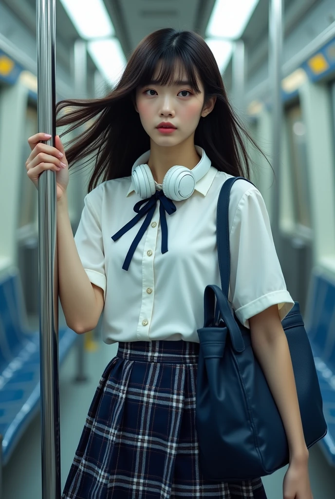 (((Super cute extreme exhibitionist schoolgirl on a crowded train)))..((Wearing bow tie and white swooping open shirt（off shoulders））: 1.5.)) 40k, Photography, masutepiece, Best Quality, dark grey background, ((1 Gorgeous bright-haired girl with beautiful eyes, She wears glasses on her beautiful face, )). White skin, (A hyper-realistic)、(illustratio)、(hight resolution)、(8K)、(ighly detailed)、(Best Illustration)、(beautifully detailed eyes)、(top-quality)、(ultra-detailliert)、(​masterpiece)、(wall-paper）、（A detailed face）、独奏、1 girl in、looking at viewert、fine detailed、A detailed face、in the darkness nigth、deep-shadows、lowkey、pureerosfaceace_v1、　(((skirt by the, No panties))),Tration: 1.1), (Best Shadow: 1.1), tongue、Vaginal orchids、Runny Vaginal Discharge、Blowing tide、Very beautiful breasts、 (Slim legs)、（posterior view）（（Reach behind your back））（（stick out buttocks））(Realistic skin), Attractive, 超A high resolution, A hyper-realistic, Highly detailed, (yawning), (((exhibitionism))), ((she is soaking wet)).Lower body slender(A hyper-realistic)、