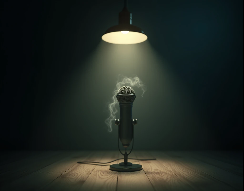 Make a dark room with a lamp above making it throw light towards the floor, the light reveals a microphone, Small ghosts come out of the microphone