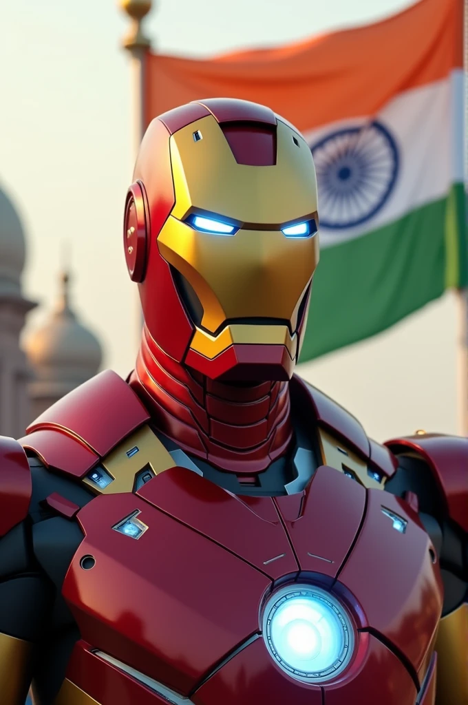 Look like Realistic : , iron man in India with 🇮🇳 flag at new delhi