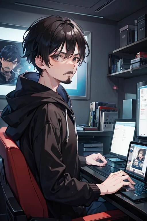 a boy with short black hair wearing a hoodie, mustache and goatee, brown eyes, in front of the gamer computer a monster behind, art cartoon, anime graphic, dark place
