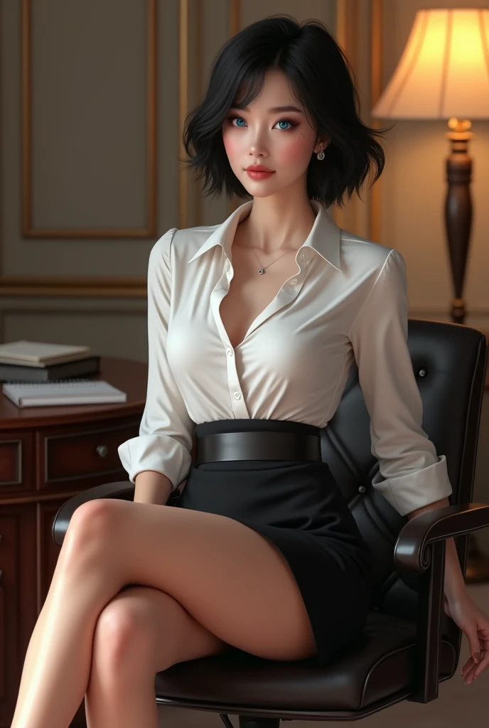 (Elite secretary of the upper class in light underwear), Sitting in a chair and working in the office、 (Wearing pantyhose)、crossed legs, Wear high-end high heels、 (thighhighs and skirt), Shirt secretary, businesswoman, Wear shirts and skirts, Business attire, business outfit, Raw photo, (8K、top-quality、masterpiece:1.2)、(intricate detailes:1.4)、(Photorealsitic:1.4)、octane renderings、Complex 3D rendering ultra detail, Studio Soft Light, Rim Lights, vibrant detail, super detailing, realistic skin textures, Detail Face, Beautiful detail eyes, Very detailed CG Unity 16k wallpaper, make - up, (detailedbackground:1.2), (Exposed thighs), wide angel photo, , soft long wavy blunt bangs black hair, perfect shaped medium breast