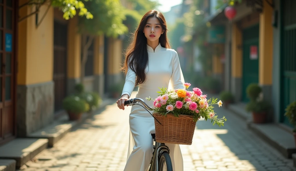 Make a photo of a Vietnamese female model wearing a white Ao Dai. Riding a bike on an old street. 50mm lens. bright. realistic. Focus your eyes well. Make a basket and a bouquet of flowers in front of the bike. Wide angle.