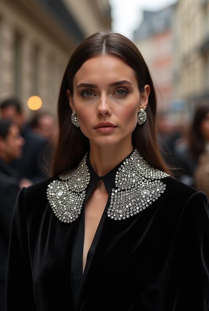 European woman model wearing coat with rhinestones on the collar