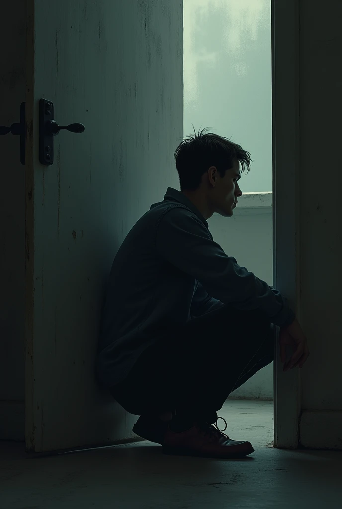 A man behind a closed door in a squatting position talking