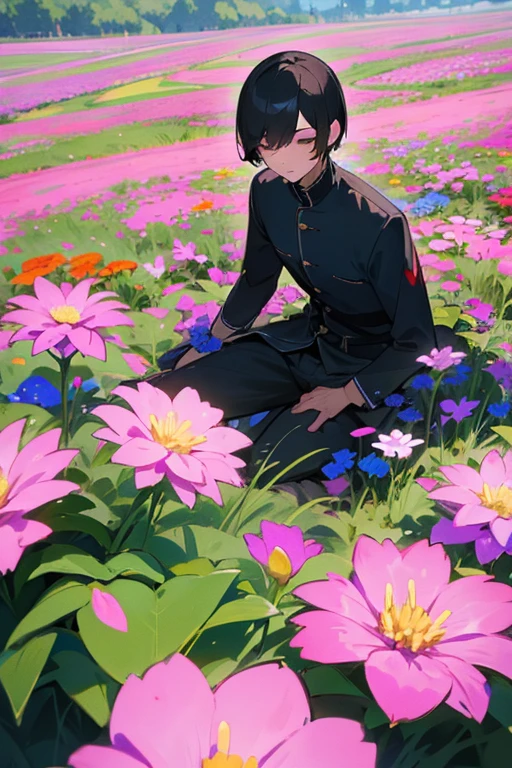 male、beautiful、Short Hair、adult、adultの体、Stocky build、Slender、sex appeal、Extremely colorful、Vivid、Flower Field、hill、Lots of flowers、Covered in flowers、Buried in flowers、Flower Fieldに寝転がる、From above