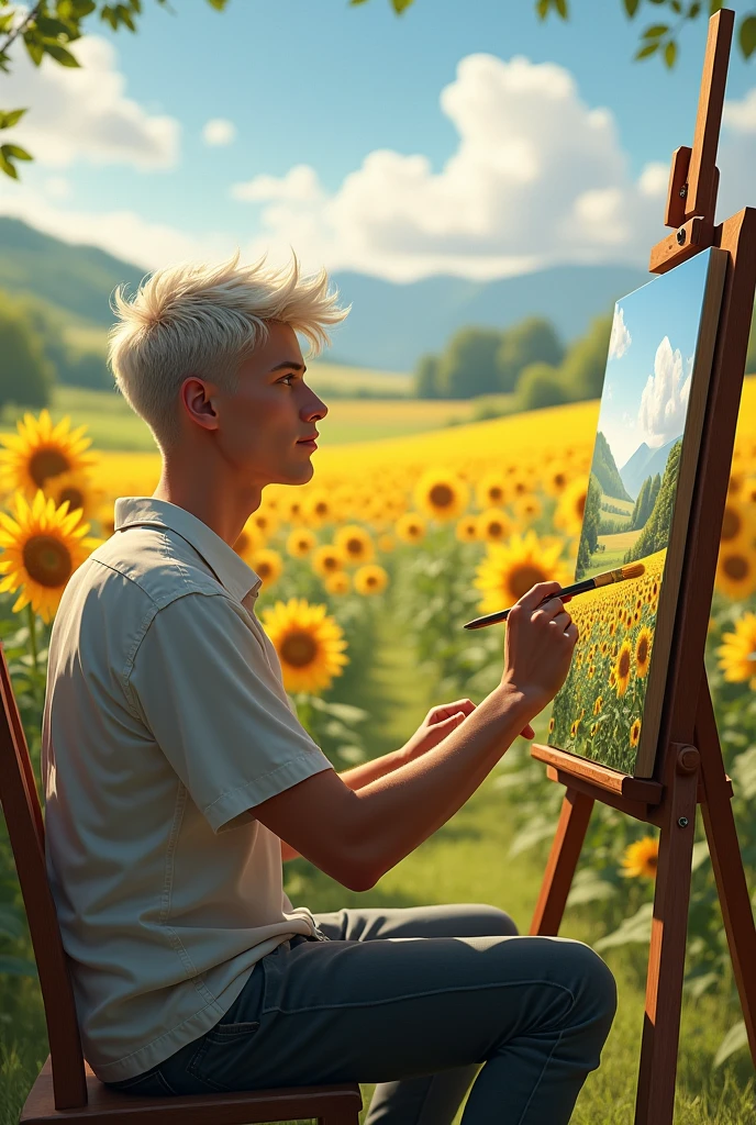 A young white man with short hair dyed white sitting in front of a painting easel and painting a very beautiful 40 cm painting in the background there is a pasture full of sunflowers and it is daytime
