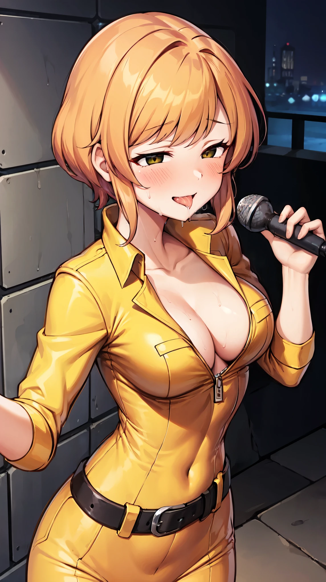 （（super high quality,Ultra-high resolution,16K,super masterpiece,Ultra HD ,Detailed shading,））A dimly lit park at night,Sexy woman,Cleavage,Yellow jumpsuit,White belt at waist,popped Tight collar,smile,blush,Sweaty,holding a microphone in his hand,Licking the microphone,A small amount of drooling,Love juice overflows from the crotch,