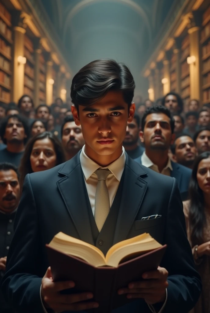 Make a cinematic , realistic image of Pakistani  teen guy with clean face wearing a suit.
Explore the Books in library.behind him in a shocking audience giving thier reactions .he is sitting and still reading the book.4k aspect ratio of 16:9 

