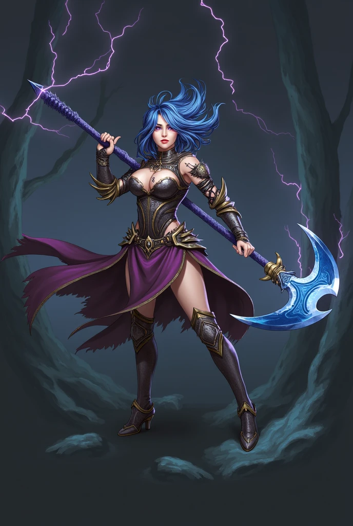 woman warrior, blue hair with iridescent highlights, purple eyes, Scars on the hands, black steel realistic chest plate, purple skirt, chainmail pants, shoulder pads, bandages on the wrists, blue poleax, black steel boots with gold plating, trees made of ice, lightning, gloomy atmosphere, Greg Rutkowski