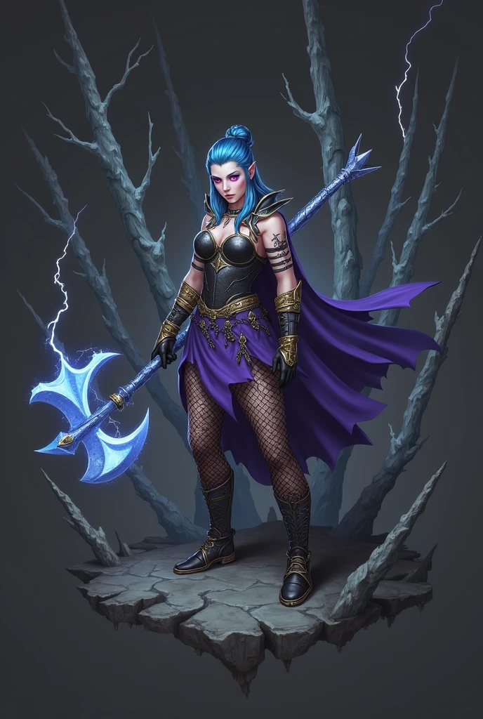 woman warrior, blue hair with iridescent highlights, purple eyes, Scars on the hands, black steel realistic chest plate, purple skirt, chainmail pants, shoulder pads, bandages on the wrists, blue poleax, black steel boots with gold plating, trees made of ice, lightning, gloomy atmosphere, Greg Rutkowski