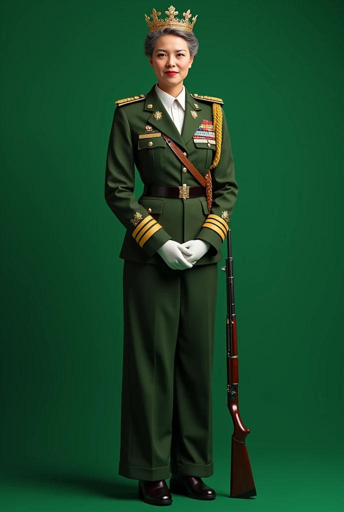 Full viewed, Military governor general standing with handed long shot gun, Female, King's crown on head , green uniform, plain green screen background