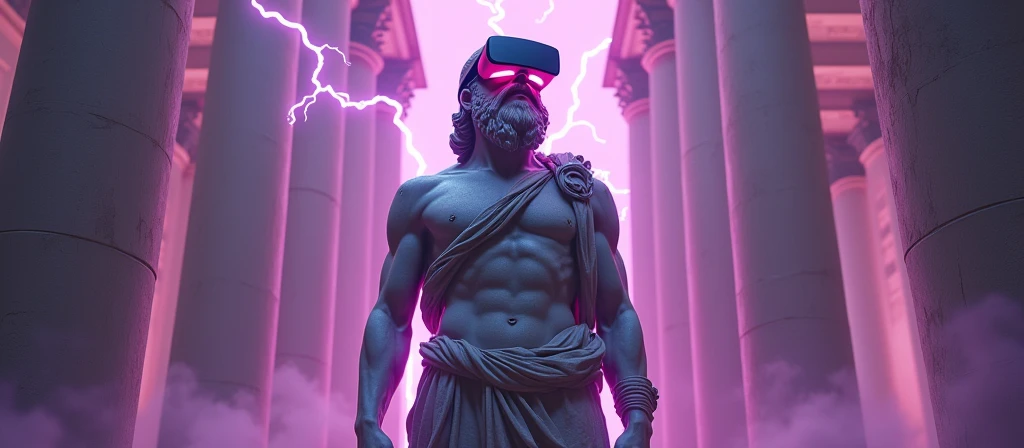 A hyper-realistic digital art of a Greek god-like figure wearing a virtual reality headset, standing in an ancient temple, surrounded by pillars, purple and pink lightning bolts crackling around, dramatic backlighting creating a neon halo effect, intricate details in the stone sculpture, futuristic and mythological fusion, high contrast, vivid colors, cinematic lighting, inspired by sci-fi and classical art, digital painting techniques, soft focus on the background, glowing elements --ar 16:9 --v 6.1