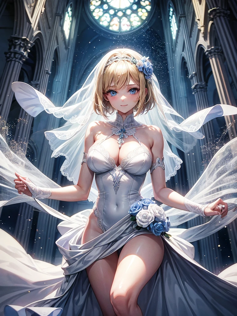 Anime style, super fine illustration, highly detailed, beautiful detailed, pale tone image, static representation, gentle expression, 8k, pretty 1girl with blonde straight short hair & blue eyes & a bright smile & big breasts & soft fair skin is wearing the wedding dress with a bouquet in the church, brilliant particles of lights, romantic stories, solo, perfect 5fingers, perfect arms, perfect legs, masterpiece.