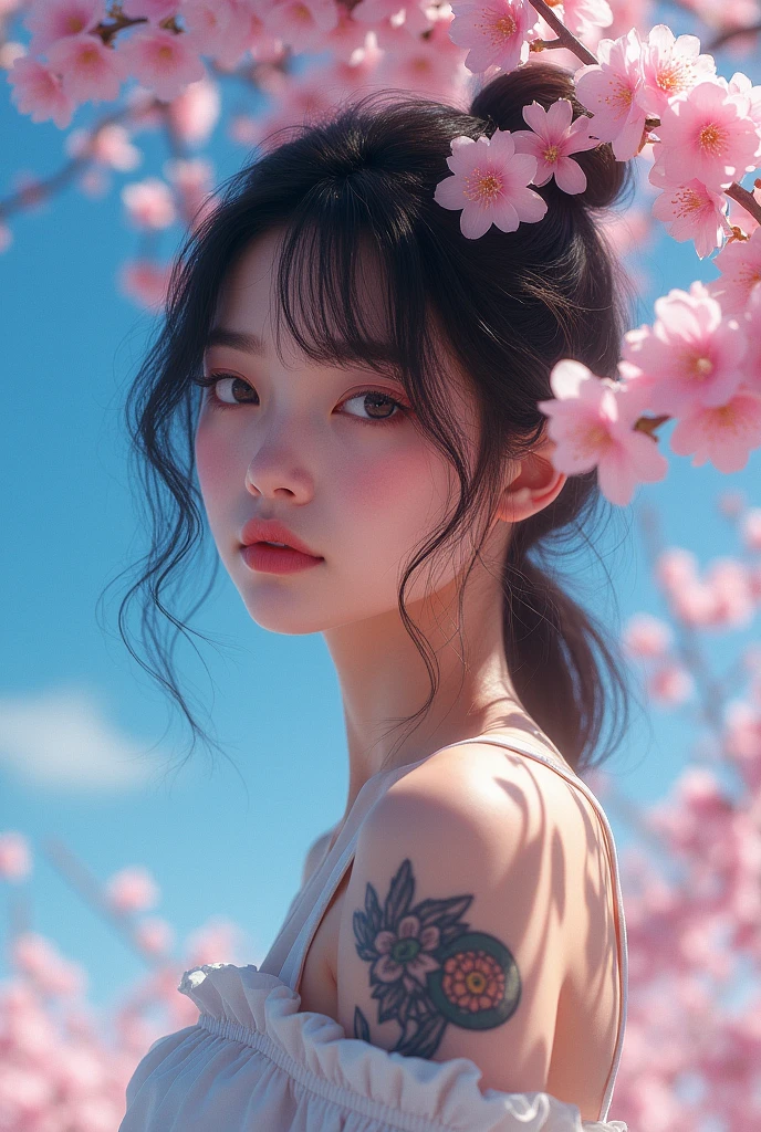 Girl , sakura , tattoo , sky, young ,tattoo on shoulder , tattoo, really real