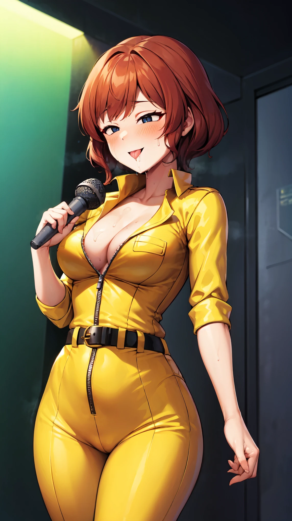 （（super high quality,Ultra-high resolution,16K,super masterpiece,Ultra HD ,Detailed shading,））A dimly lit park at night,Sexy woman,Cleavage,Yellow jumpsuit,White belt at waist,popped Tight collar,smile,blush,Sweaty,holding a microphone in his hand,Licking the microphone,A small amount of drooling,Love juice overflows from the crotch,