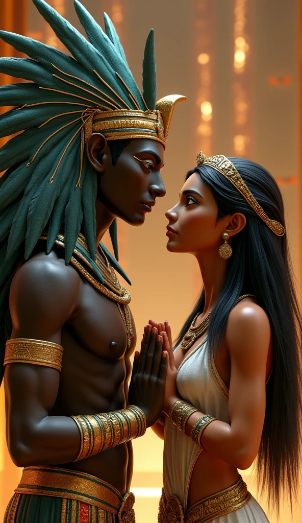 Create an image of Shu and Tefnut interacting, with Shu as a male figure with dark brown skin, green eyes, and a feathered headdress, and Tefnut as a female figure with light brown skin, blue eyes, and long black hair. They should be depicted in a harmonious scene, reflecting their roles in Egyptian mythology. Include traditional Egyptian aesthetic elements such as gold accents and symbolic motifs. Use masterpiece, best quality, CG, wallpaper, HDR, high quality, ultra detailed face, cinematic, high detail, 8k, raw, high, artstation HQ, unreal engine, octane renderer, 4k resolution, hyperrealistic, highly detailed, and absurdres settings