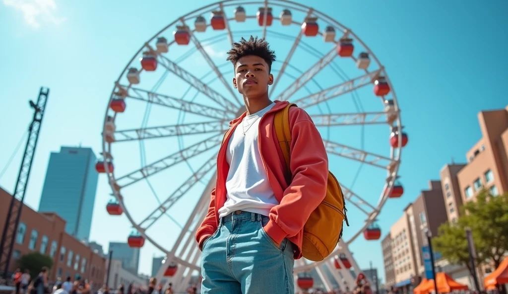 A high-resolution wide-angle photograph of a cheerful and cool model outfit in a white t-shirt with a hiphop jacket over it, paired with baggy jeans. He is carrying a backpack in a color that complements her outfit and posing in front of a Ferris wheel at an City. The photo is taken with a Canon R5 camera, ensuring that the entire image is in sharp focus, capturing the vibrant colors and the expansive, lively atmosphere of the park.