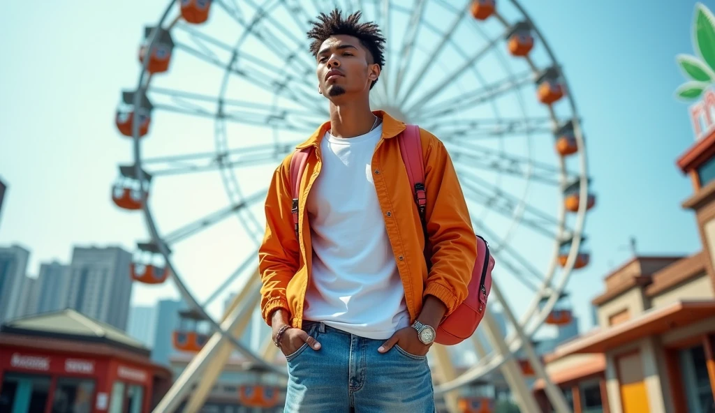A high-resolution wide-angle photograph of a cheerful and cool model outfit in a white t-shirt with a hiphop jacket over it, paired with baggy jeans. He is carrying a backpack in a color that complements her outfit and posing in front of a Ferris wheel at an City. The photo is taken with a Canon R5 camera, ensuring that the entire image is in sharp focus, capturing the vibrant colors and the expansive, lively atmosphere of the park.