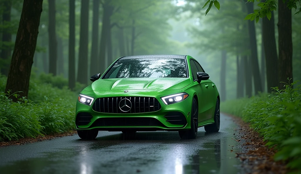 Mercedes benz a 200, green colour on the road of forest with rain