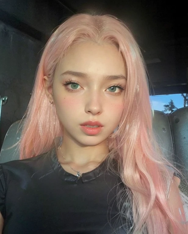 young woman, peach skin, short pink hair, wide forehead, big green eyes, buttoned nose, big pink lips, slender body, small breasts, medieval period clothing, deep neckline, Sakura Haruno, 3d