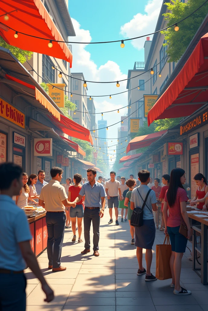 "Create a dynamic image representing the economy through a bustling scene of people engaged in conversations and transactions. Depict a lively urban setting, such as a busy market or financial district, where individuals are actively exchanging goods, services, or information. Include elements like people shaking hands, discussing over documents, or using digital devices for transactions. The background should feature buildings, storefronts, or financial institutions to set the scene. Use vibrant colors and natural lighting to highlight the energy and movement of economic activity, capturing the essence of economic interactions and exchanges."




