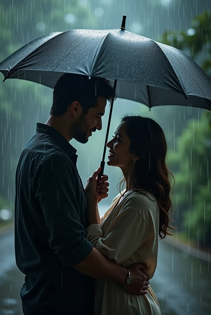 "The husband holds an open umbrella over his wife, shielding her from the rain. His clothes are getting wet, but he smiles, focused on protecting her. The rain is pouring around them, creating a beautiful contrast of care and devotion".