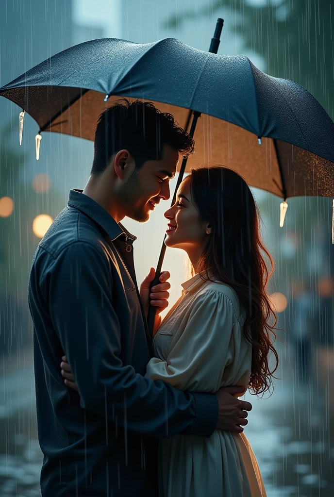 "The husband holds an open umbrella over his wife, shielding her from the rain. His clothes are getting wet, but he smiles, focused on protecting her. The rain is pouring around them, creating a beautiful contrast of care and devotion".