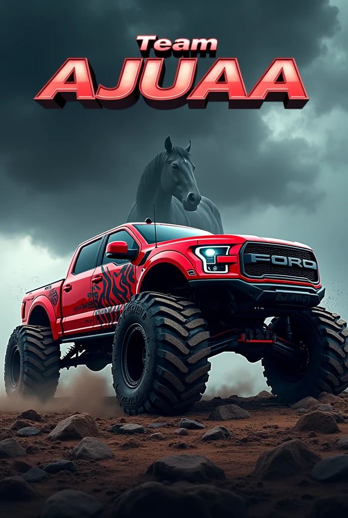 A captivating 3D rendered logo for “Team AjuAAA” featuring a sleek and modern design. The bold “AJUAAA” is intertwined with a sleek Red and Black 4x4RC pickup truck, showcasing its stunning Team AJUAAA bodywork, super lowered body and big tires. The background is a storm with a Horse entwined in the storm and the Team AJUAAA text in a sophisticated and simplistic combination of sleek and modern fonts with vibrant detailing. The rugged color palette creates a sense of high-quality action and a social and lively atmosphere. The "Team AJUAAA" poster design exudes energy and excitement for those who love adrenaline-filled pastimes.