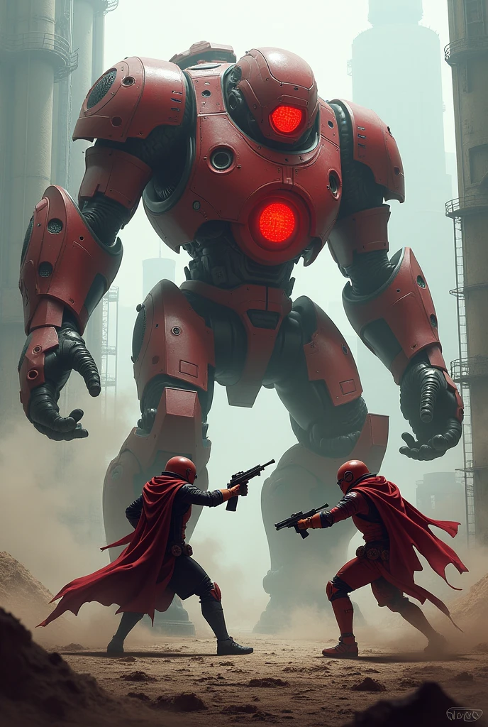 Two opposite faction members battling a giant Red bionic creature