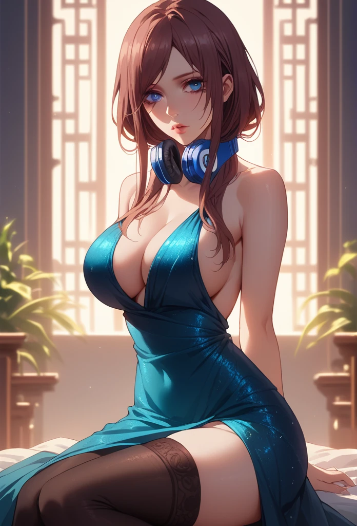 1girl, elegant beautiful girl, big brown hair)), maxi dress, adultery, indecent, vulgar, Nakano Miku, intricate details, delicate facial features, beautiful blue eyes, ulzzang, long eyelashes, small nose, full lips, porcelain skin, natural lighting, warm color palette, chiaroscuro lighting, dramatic shadows, sensual, alluring, mature themes, ar, dreamlike, ethereal, ((arms behind back)), sideboob, cleavage, looking at vizzang, (blue eyes), headphones, thigh highs, sitting,